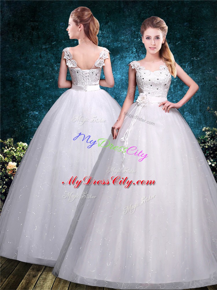 Colorful White Sleeveless Floor Length Lace and Hand Made Flower Lace Up Wedding Dress