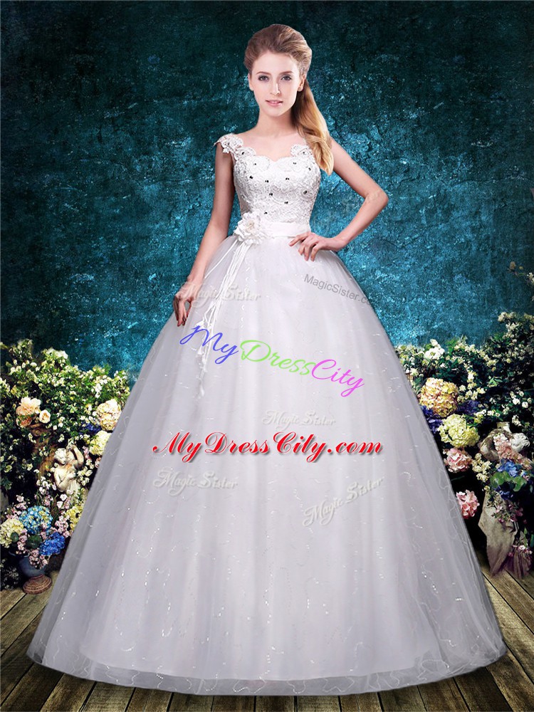 Colorful White Sleeveless Floor Length Lace and Hand Made Flower Lace Up Wedding Dress