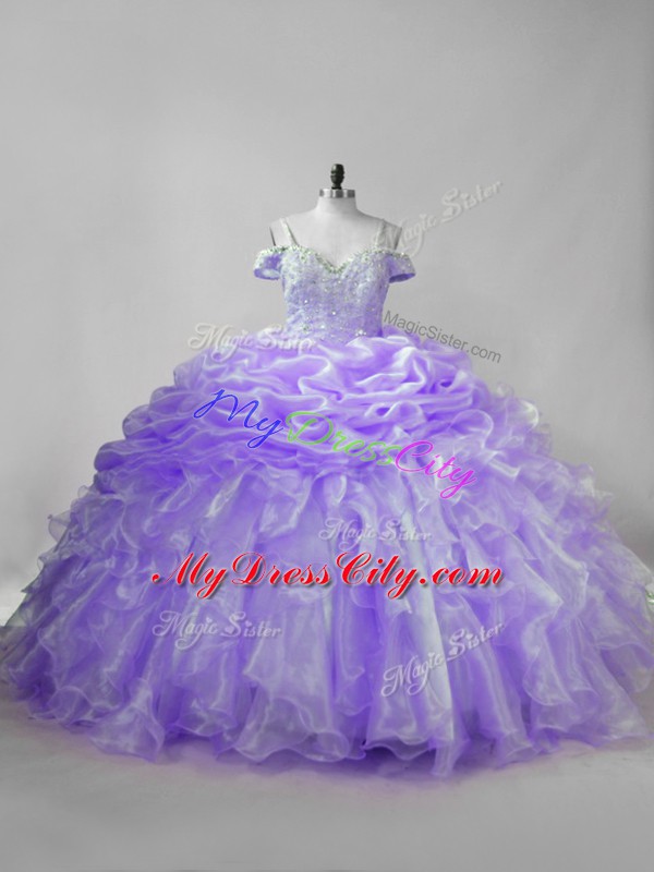 Dramatic Sleeveless Brush Train Beading and Ruffles and Pick Ups Lace Up Quinceanera Gown