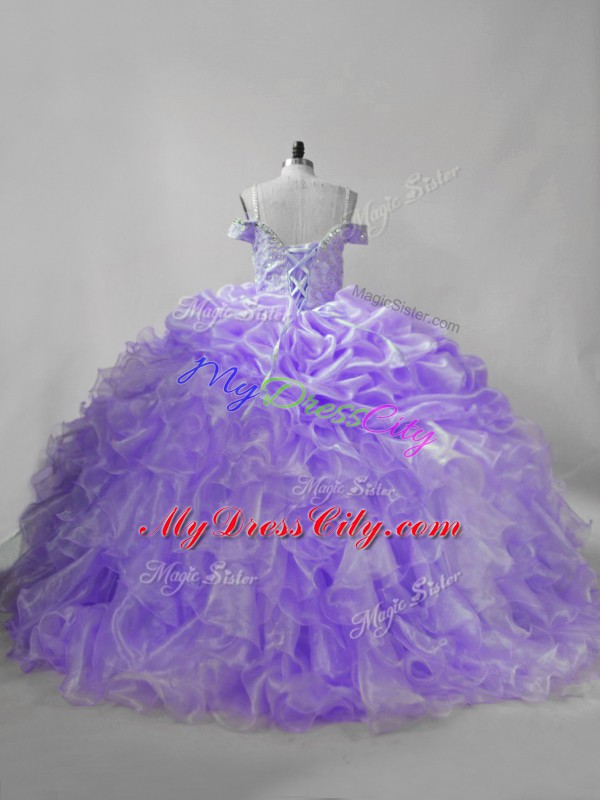 Dramatic Sleeveless Brush Train Beading and Ruffles and Pick Ups Lace Up Quinceanera Gown