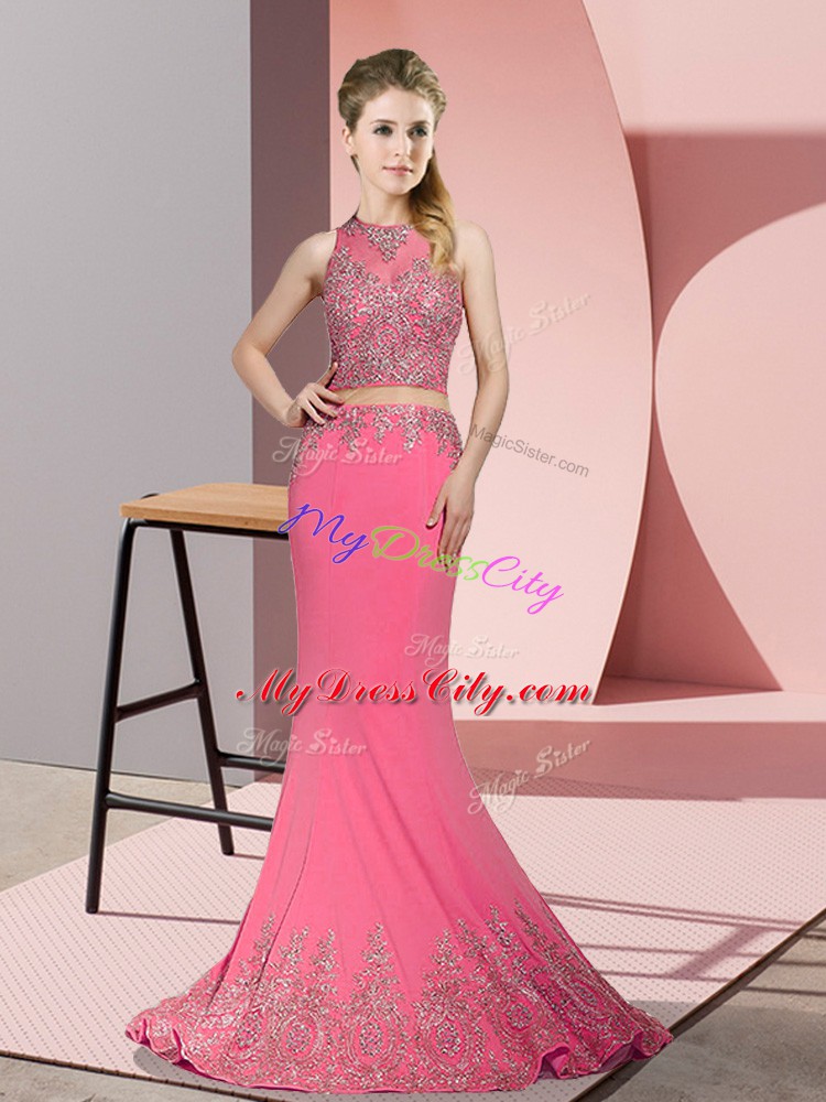 High-neck Sleeveless Sweep Train Zipper Evening Gowns Rose Pink Satin