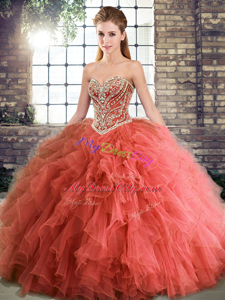 Cute Coral Red Tulle Lace Up Sweet 16 Dress Sleeveless Floor Length Beading and Ruffles