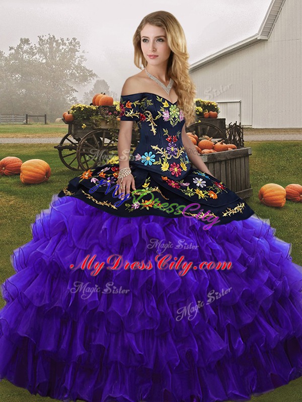 Black And Purple Sleeveless Organza Lace Up Sweet 16 Dress for Military Ball and Sweet 16 and Quinceanera