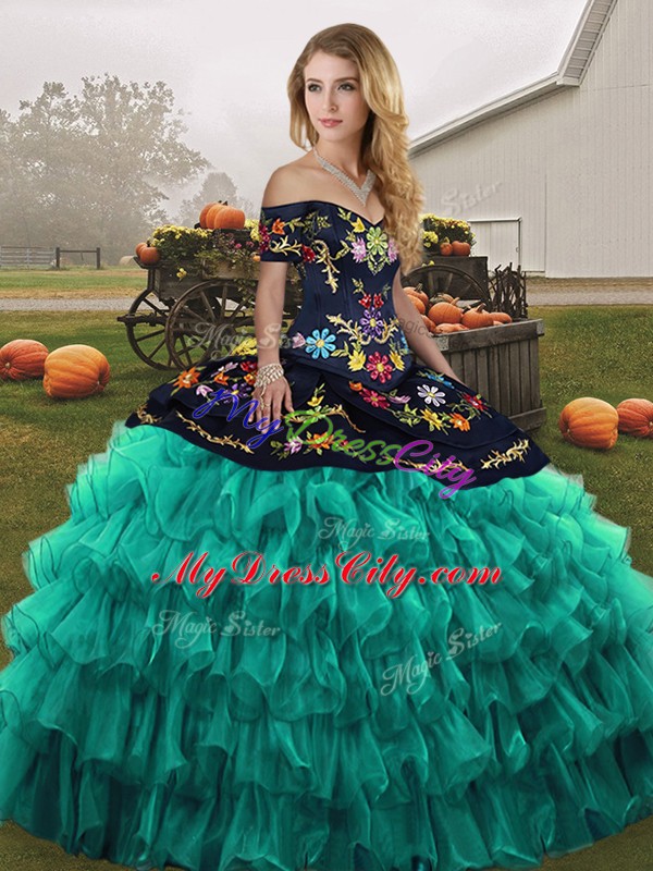 Off The Shoulder Sleeveless Quinceanera Dresses Floor Length Embroidery and Ruffled Layers Turquoise Organza