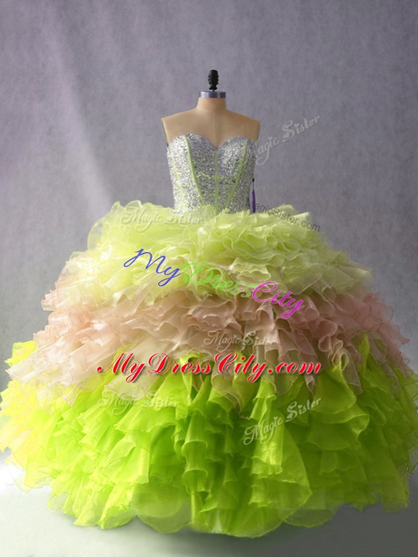 Multi-color Sweetheart Neckline Beading and Ruffles Quinceanera Gowns Sleeveless Lace Up