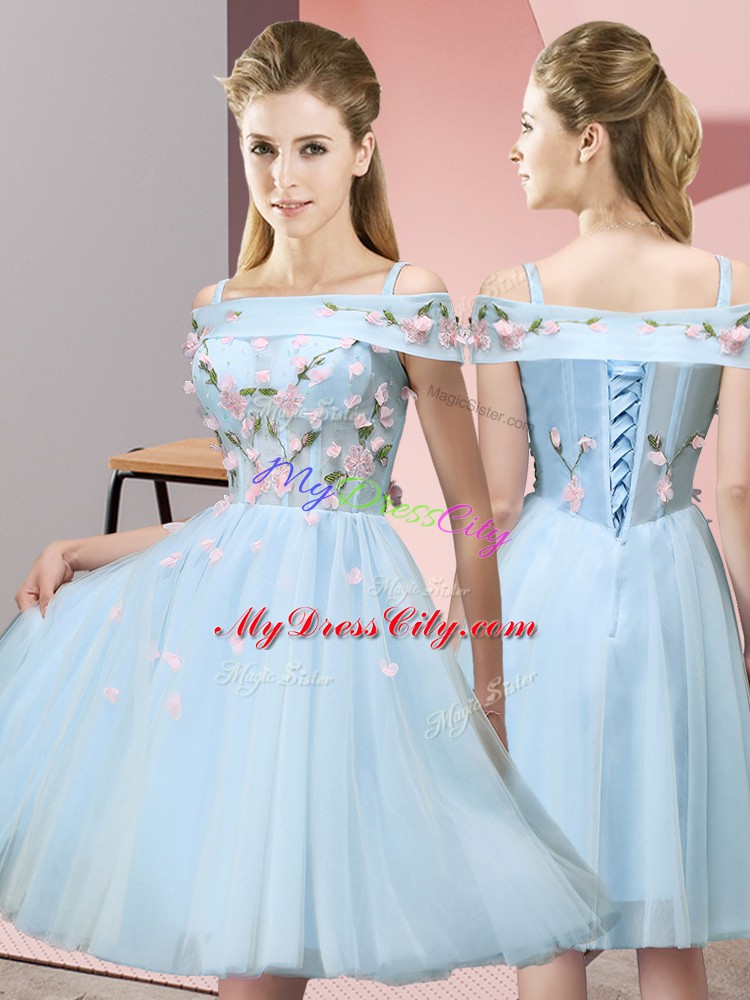 Low Price Light Blue Empire Appliques Bridesmaid Dress Lace Up Tulle Short Sleeves Knee Length