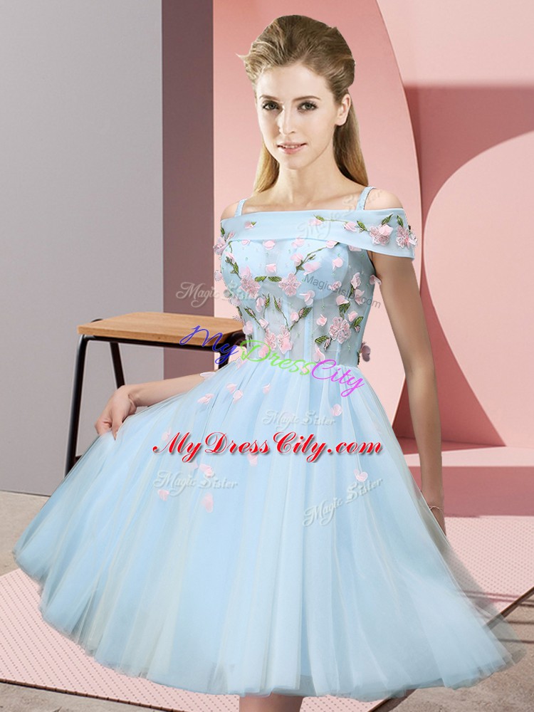 Low Price Light Blue Empire Appliques Bridesmaid Dress Lace Up Tulle Short Sleeves Knee Length