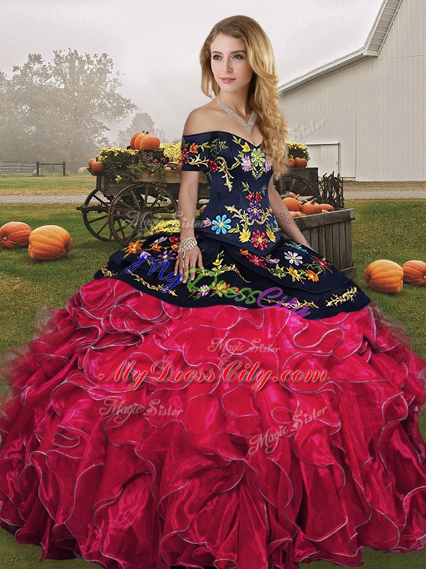 Off The Shoulder Sleeveless Sweet 16 Quinceanera Dress Floor Length Embroidery and Ruffles Red And Black Organza