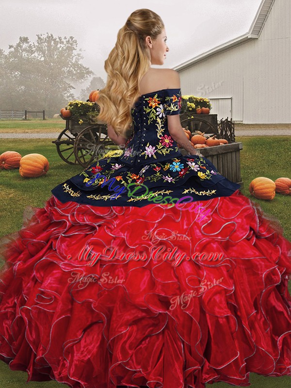 Off The Shoulder Sleeveless Sweet 16 Quinceanera Dress Floor Length Embroidery and Ruffles Red And Black Organza