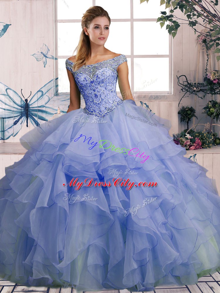 Affordable Lavender Ball Gowns Off The Shoulder Sleeveless Organza Floor Length Lace Up Beading and Ruffles Sweet 16 Quinceanera Dress