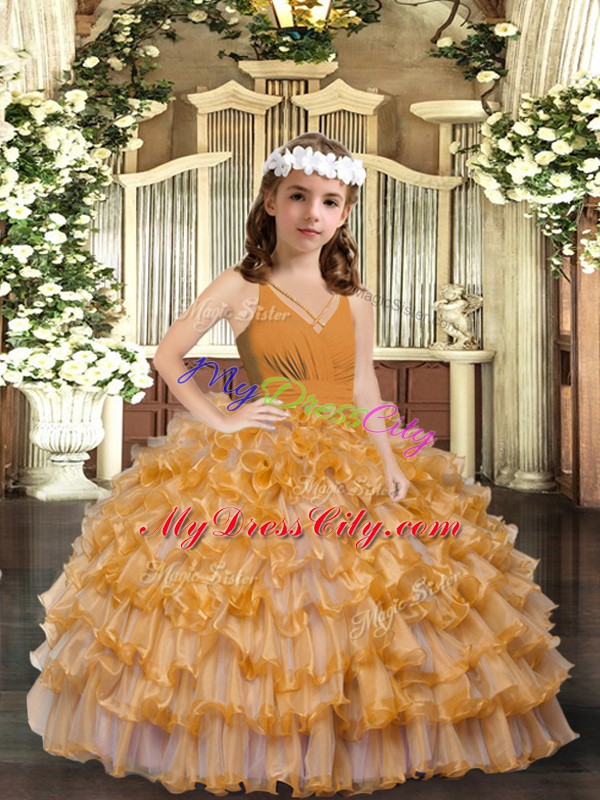 Hot Selling Ruffles and Ruffled Layers Little Girl Pageant Dress Gold Zipper Sleeveless Floor Length