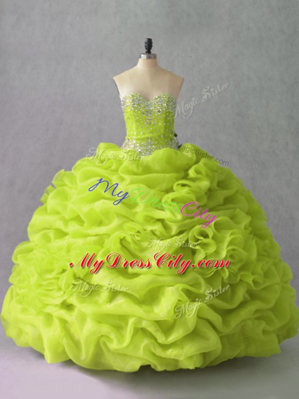 Customized Yellow Green Sweetheart Lace Up Beading and Pick Ups and Hand Made Flower Quinceanera Dresses Sleeveless