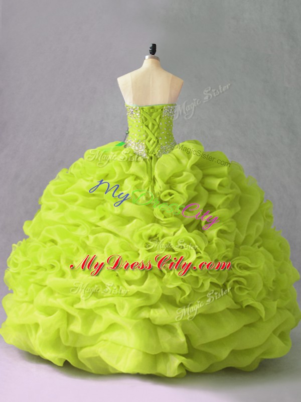 Customized Yellow Green Sweetheart Lace Up Beading and Pick Ups and Hand Made Flower Quinceanera Dresses Sleeveless