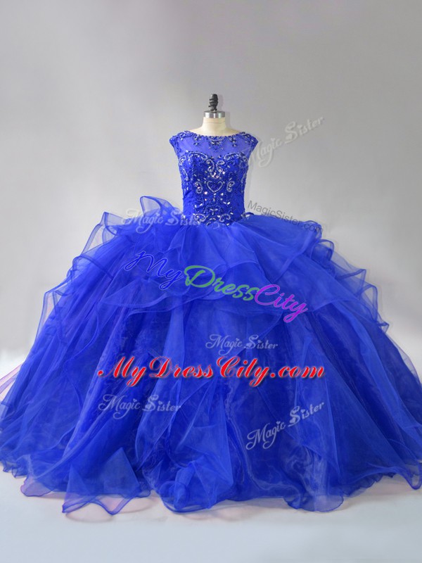 Traditional Scoop Sleeveless Brush Train Lace Up Sweet 16 Quinceanera Dress Royal Blue Organza