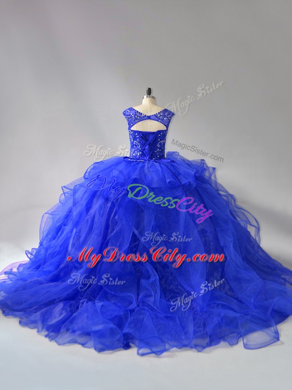 Traditional Scoop Sleeveless Brush Train Lace Up Sweet 16 Quinceanera Dress Royal Blue Organza