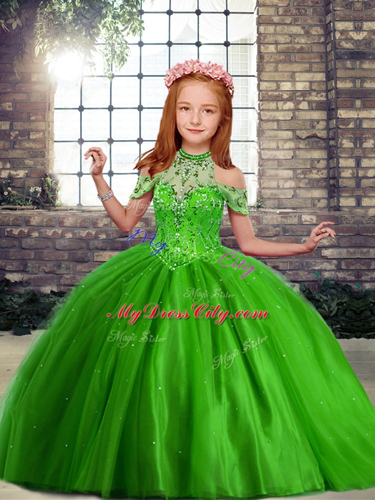 Green Tulle Lace Up Off The Shoulder Sleeveless Floor Length Kids Pageant Dress Beading