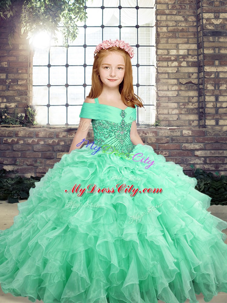 Adorable Sleeveless Organza Floor Length Lace Up Pageant Dress Womens in Apple Green with Beading and Ruffles