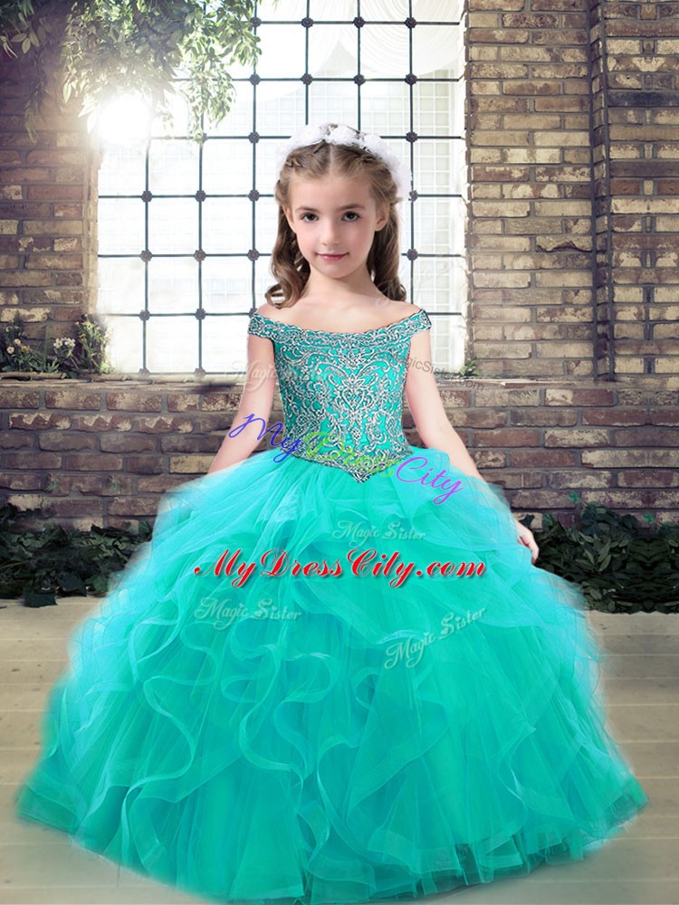 Floor Length Lace Up Pageant Dress Toddler Aqua Blue for Party and Wedding Party with Beading and Ruffles