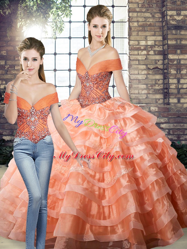 Popular Peach Sleeveless Organza Brush Train Lace Up Sweet 16 Dress for Military Ball and Sweet 16 and Quinceanera