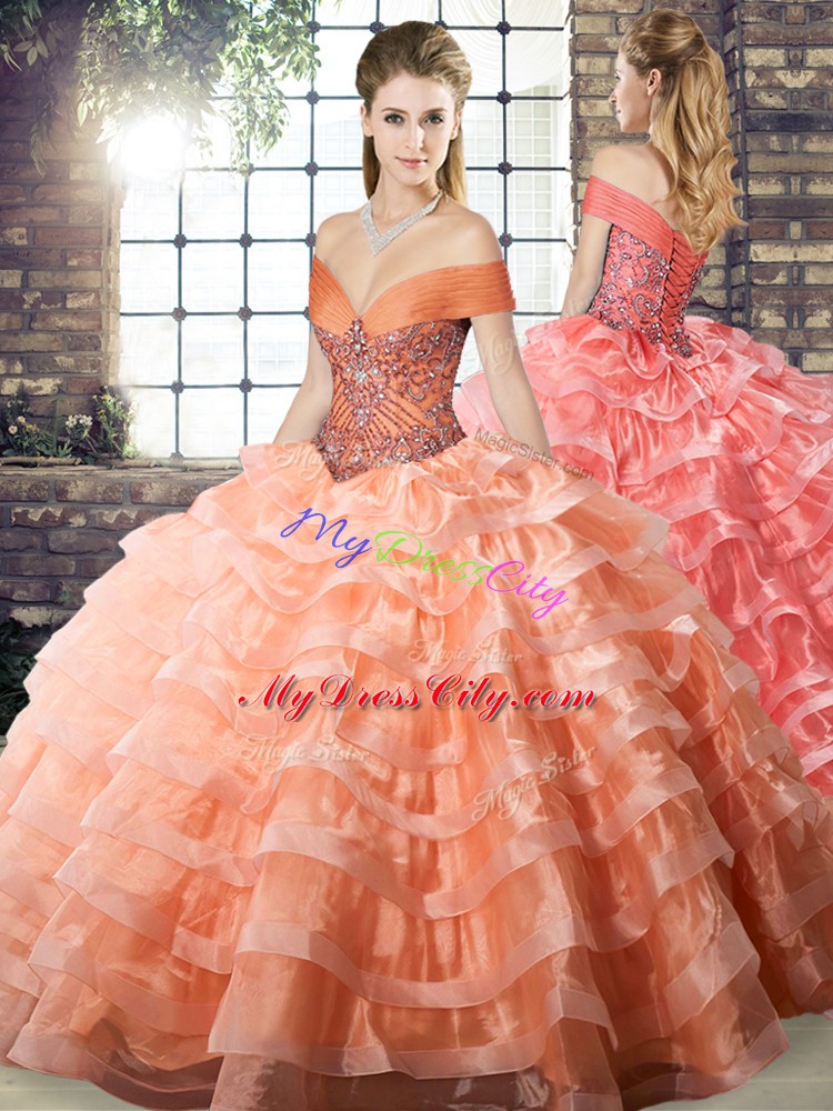 Popular Peach Sleeveless Organza Brush Train Lace Up Sweet 16 Dress for Military Ball and Sweet 16 and Quinceanera