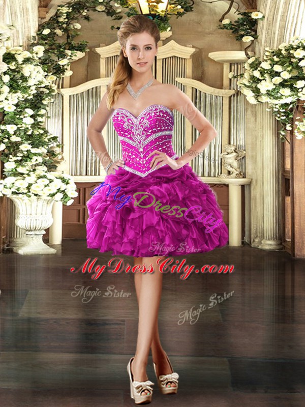 Custom Fit Fuchsia Lace Up Prom Party Dress Beading and Ruffles Sleeveless Mini Length