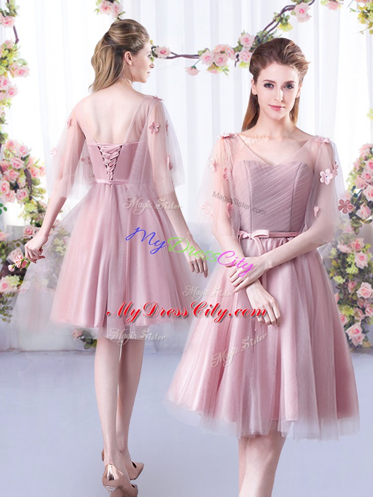 Sleeveless Tulle Knee Length Lace Up Bridesmaids Dress in Pink with Appliques and Belt