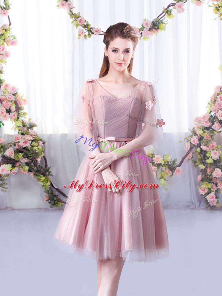 Sleeveless Tulle Knee Length Lace Up Bridesmaids Dress in Pink with Appliques and Belt