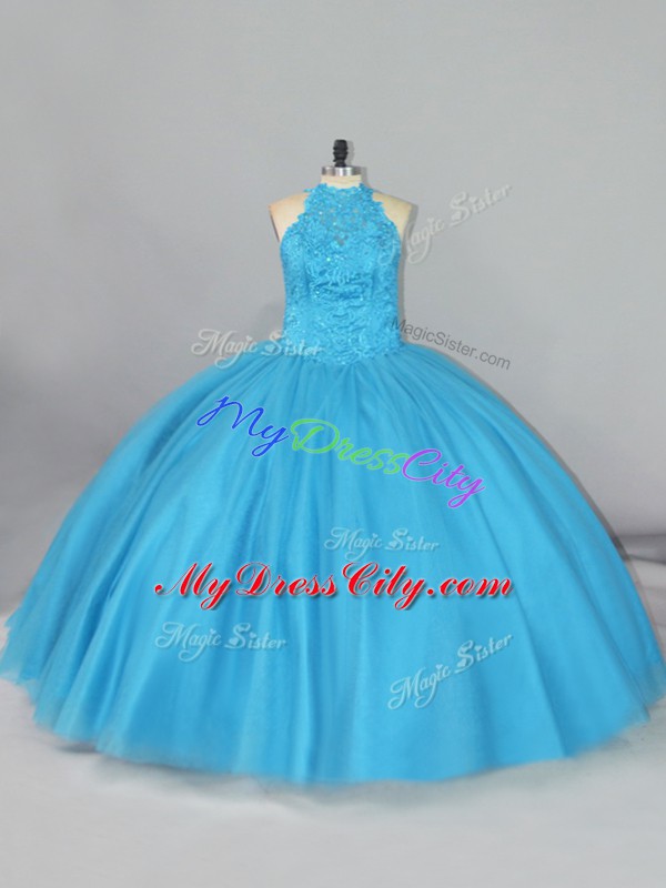 Brush Train Ball Gowns Quinceanera Dresses Aqua Blue Halter Top Tulle Sleeveless Lace Up