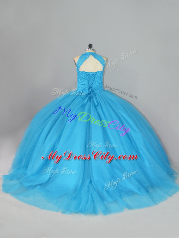 Brush Train Ball Gowns Quinceanera Dresses Aqua Blue Halter Top Tulle Sleeveless Lace Up