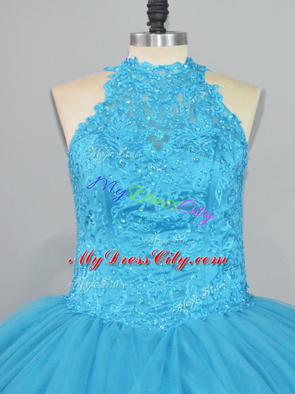 Brush Train Ball Gowns Quinceanera Dresses Aqua Blue Halter Top Tulle Sleeveless Lace Up