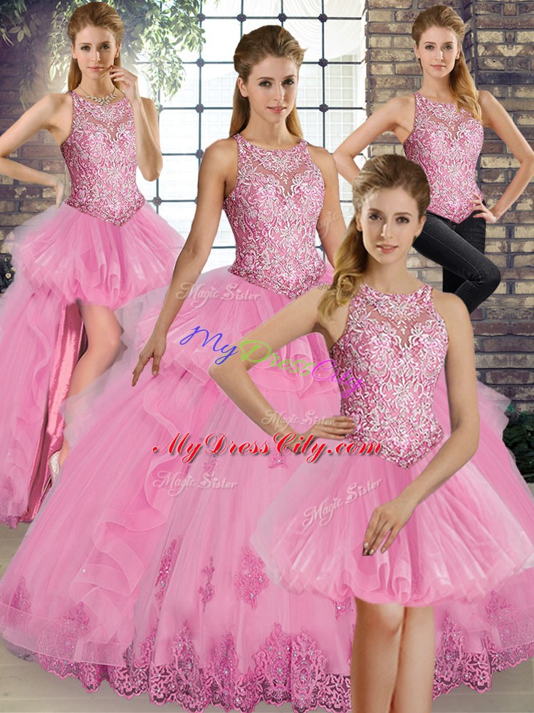 Charming Floor Length Rose Pink Vestidos de Quinceanera Scoop Sleeveless Lace Up