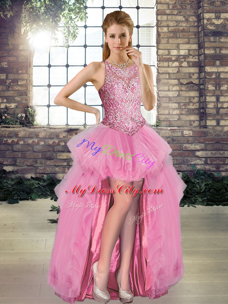 Charming Floor Length Rose Pink Vestidos de Quinceanera Scoop Sleeveless Lace Up