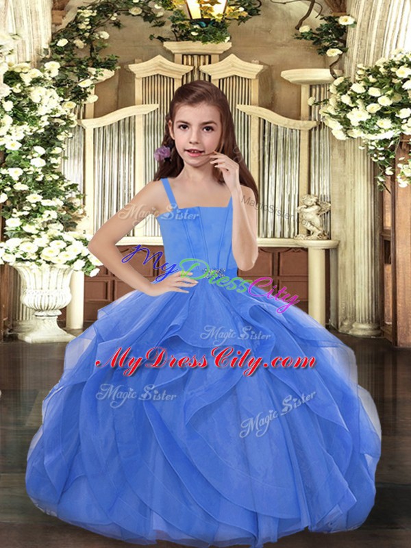 Ball Gowns Pageant Dress for Teens Blue Straps Tulle Sleeveless Floor Length Lace Up