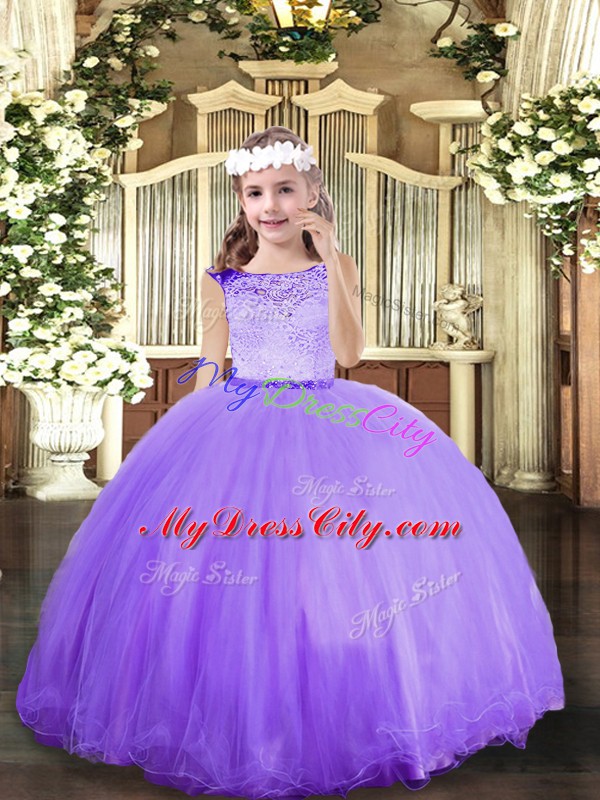 Inexpensive Floor Length Lavender Pageant Dress for Teens Scoop Sleeveless Zipper