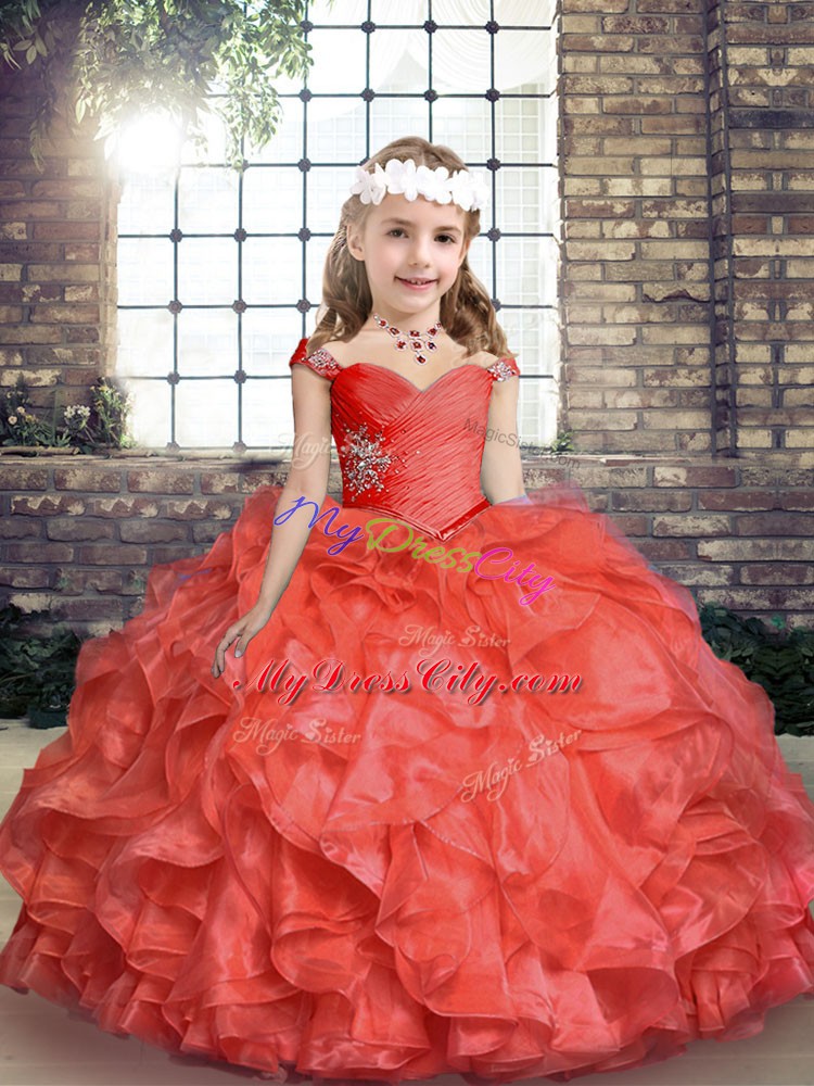 Coral Red Lace Up Straps Beading and Ruching Pageant Dress for Teens Organza Sleeveless