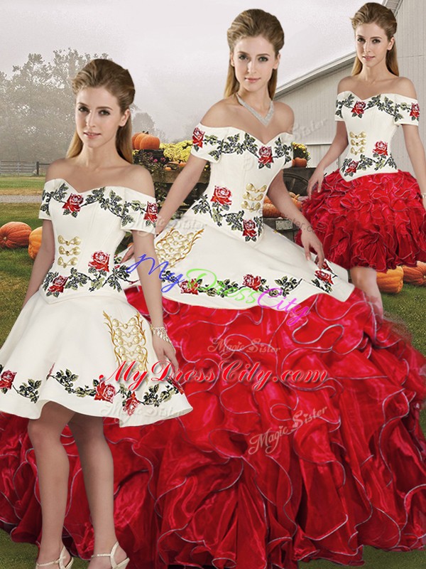 Fabulous Sleeveless Organza Floor Length Lace Up Quinceanera Gown in White And Red with Embroidery and Ruffles