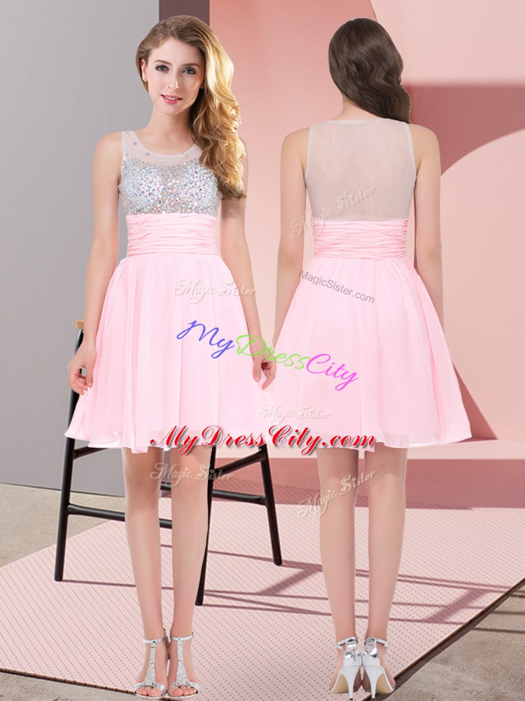 Glamorous Baby Pink Chiffon Side Zipper Wedding Guest Dresses Sleeveless Mini Length Beading