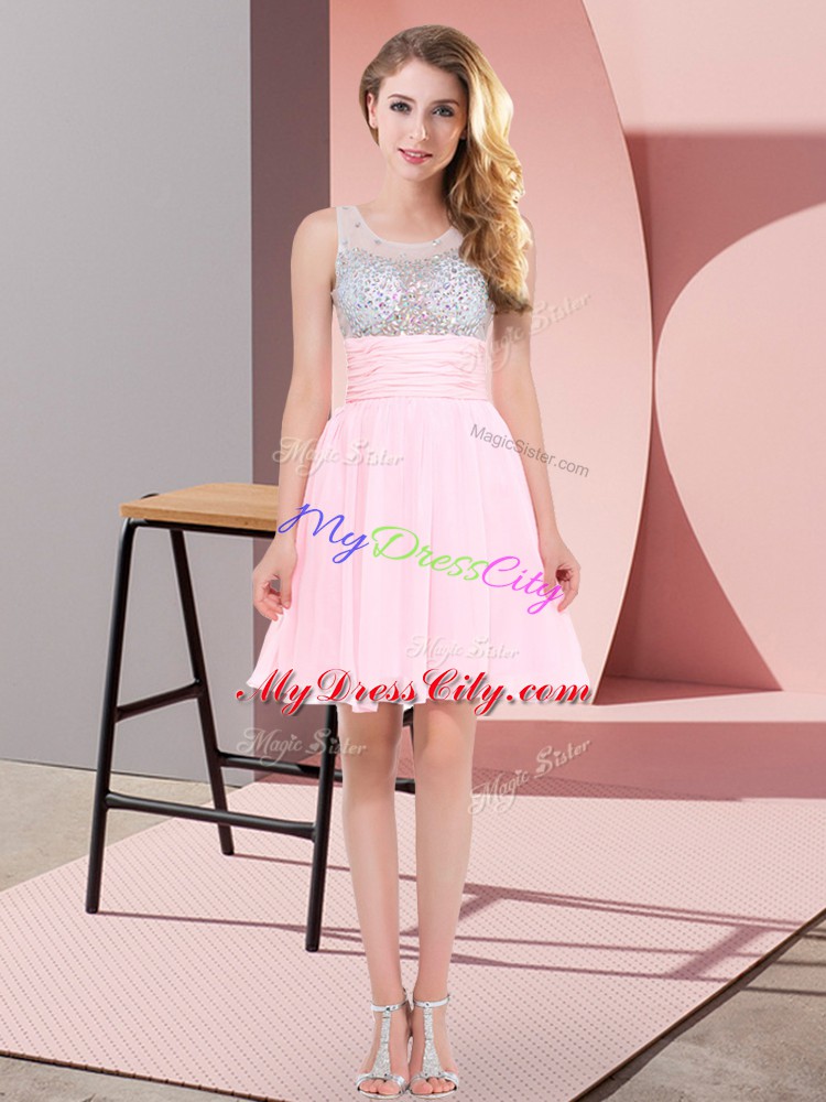 Glamorous Baby Pink Chiffon Side Zipper Wedding Guest Dresses Sleeveless Mini Length Beading