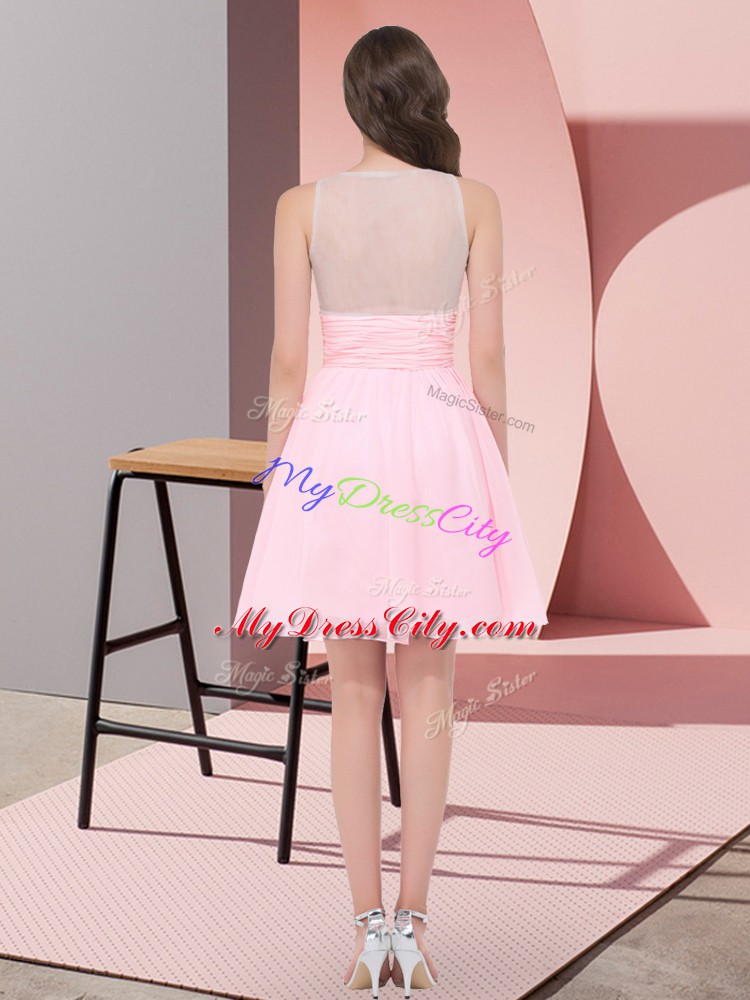 Glamorous Baby Pink Chiffon Side Zipper Wedding Guest Dresses Sleeveless Mini Length Beading