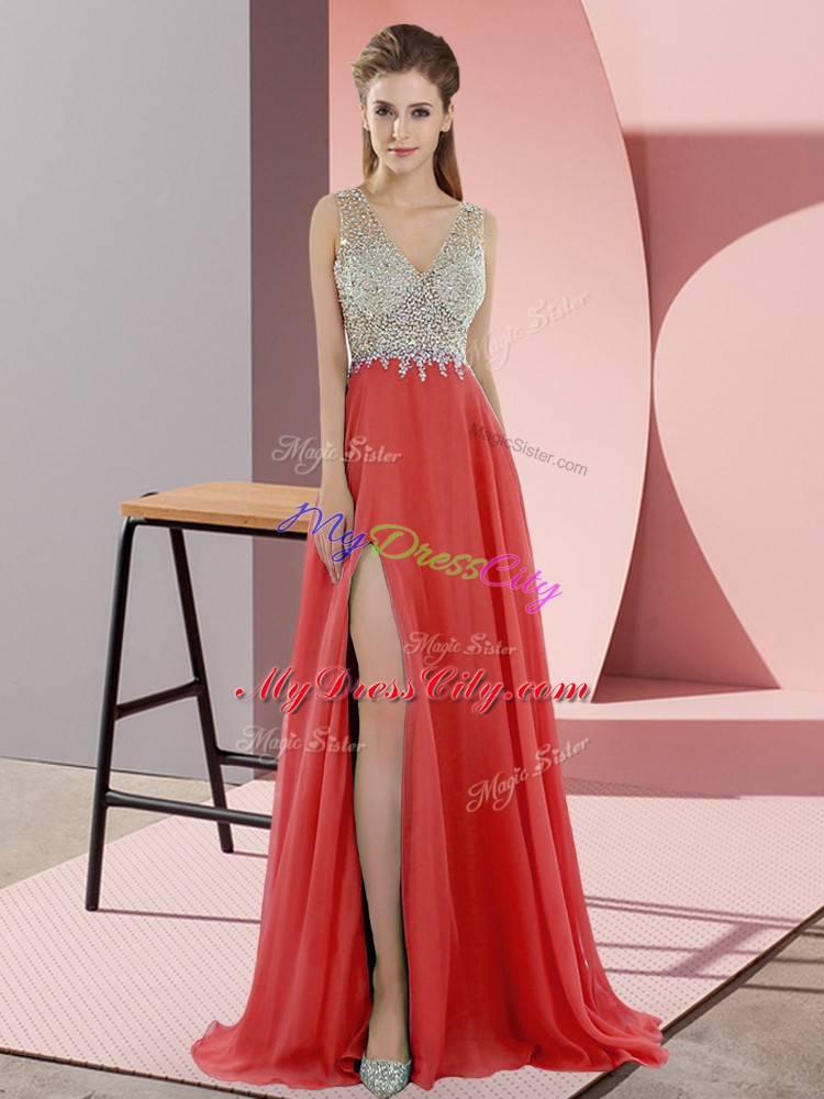 Superior Coral Red Chiffon Zipper V-neck Sleeveless Prom Dresses Sweep Train Beading