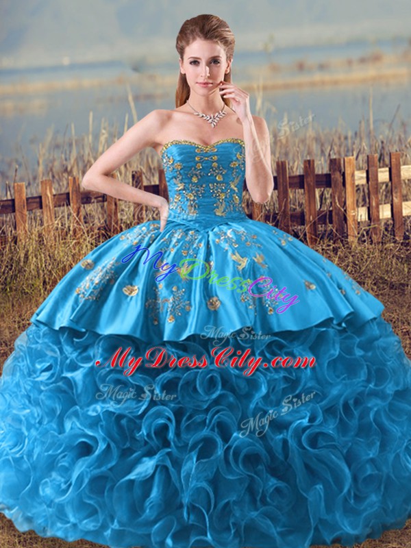 Best Floor Length Baby Blue Sweet 16 Quinceanera Dress Sweetheart Sleeveless Brush Train Lace Up