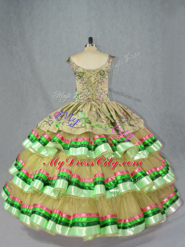 Classical Olive Green Ball Gowns Embroidery and Ruffled Layers Quinceanera Gowns Lace Up Organza Sleeveless Floor Length