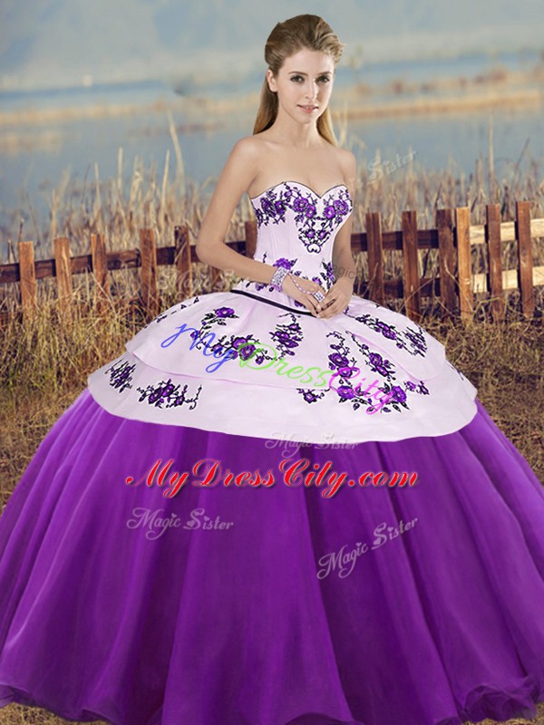 White And Purple Sleeveless Embroidery and Bowknot Floor Length Sweet 16 Dress