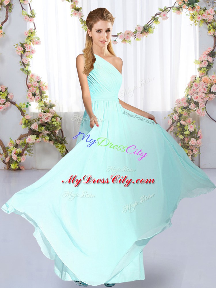 Floor Length Blue Bridesmaid Dress Chiffon Sleeveless Ruching