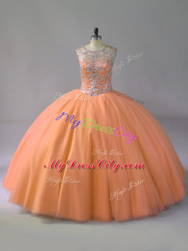 Orange Sleeveless Floor Length Beading Lace Up Sweet 16 Dresses