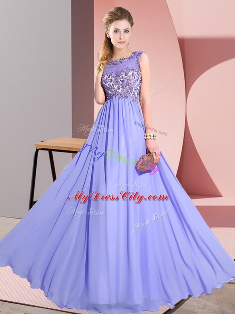 Floor Length Lavender Quinceanera Dama Dress Chiffon Sleeveless Beading and Appliques