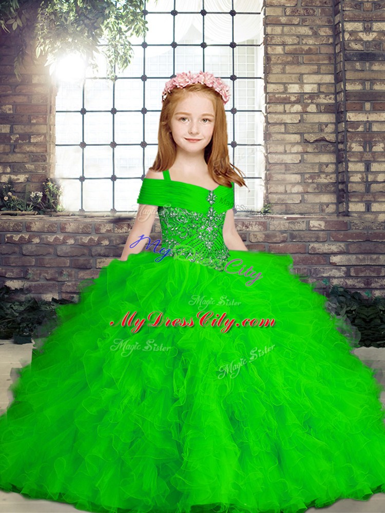 Sleeveless Tulle Floor Length Lace Up Girls Pageant Dresses in Green with Beading and Ruffles