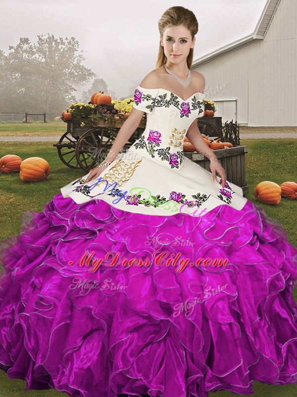 Custom Fit White And Purple Sleeveless Embroidery and Ruffles Floor Length Sweet 16 Quinceanera Dress