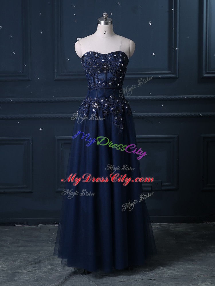 Inexpensive Column/Sheath Evening Dress Navy Blue Sweetheart Tulle Sleeveless Floor Length Zipper