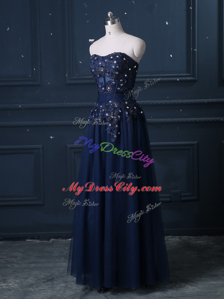 Inexpensive Column/Sheath Evening Dress Navy Blue Sweetheart Tulle Sleeveless Floor Length Zipper